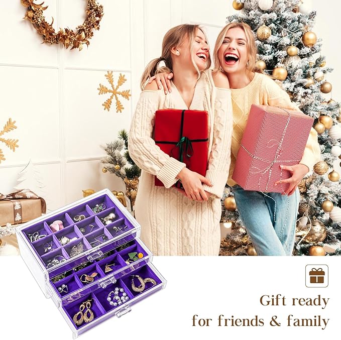ProCase Earring Holder Organizer Jewelry Box with 3 Drawers, Acrylic Clear Earring Case with Adjustable Velvet Trays for Women - Purple, 3 Layers