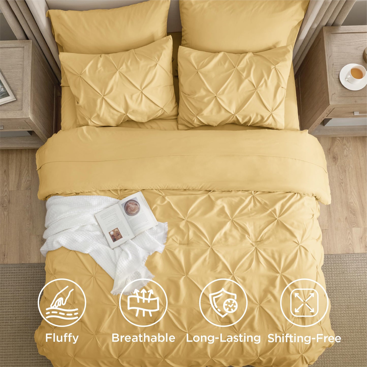 Bedsure Queen Comforter Set Yellow - Bed in a Bag Queen 7 Pieces, Pintuck Bedding Sets Gift for Christmas, Pinch Pleat Bed Set with Queen Size Comforter, Sheets, Pillowcases & Shams