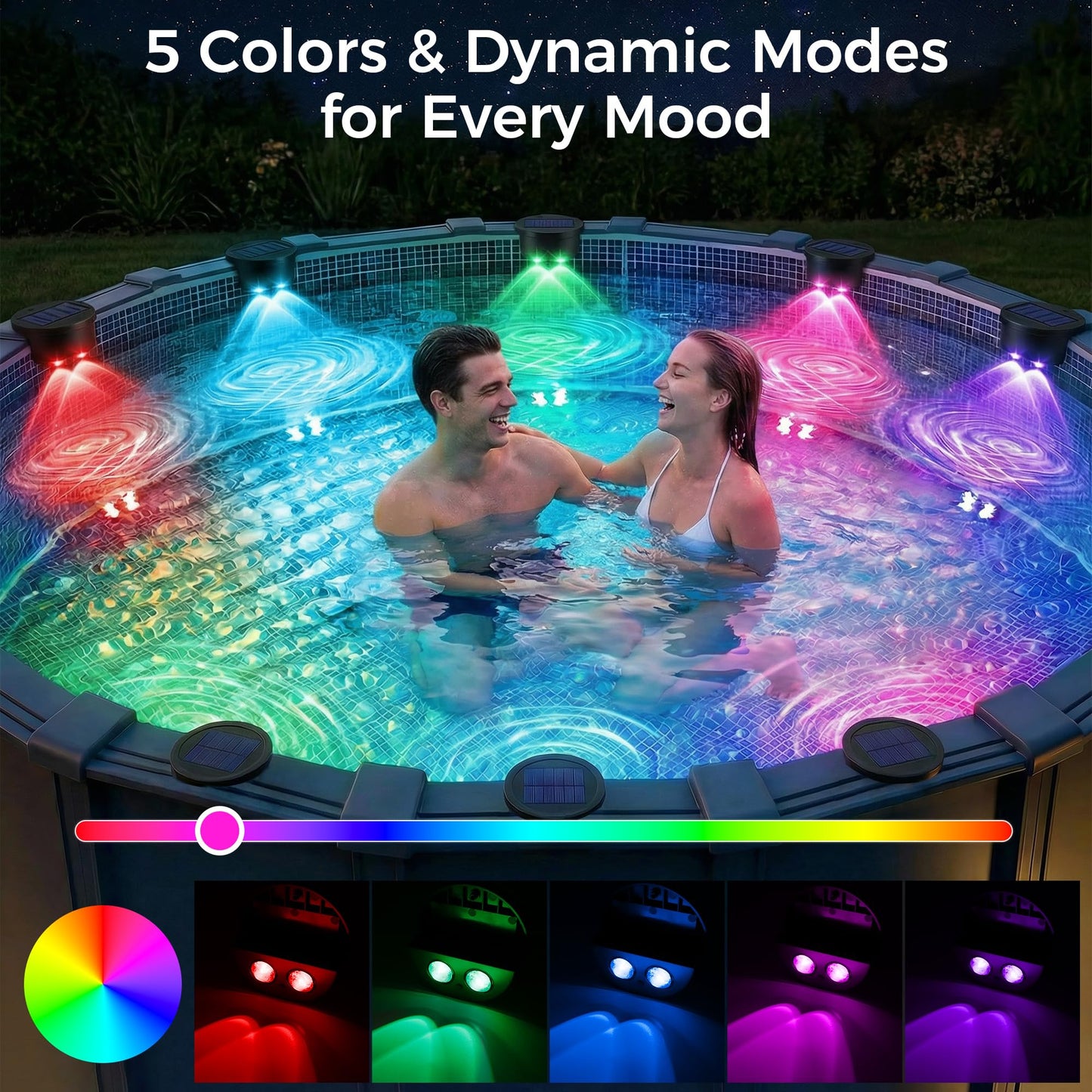 LAFULIT Solar Pool Side Lights, 8 Pack Solar Pool Wall Lights for Above Ground & Inground Pools, 5 Colors & Dynamic Modes, Auto On at Night, IP65 Waterproof, LED Pool Edge Lights for Party Deck Fence