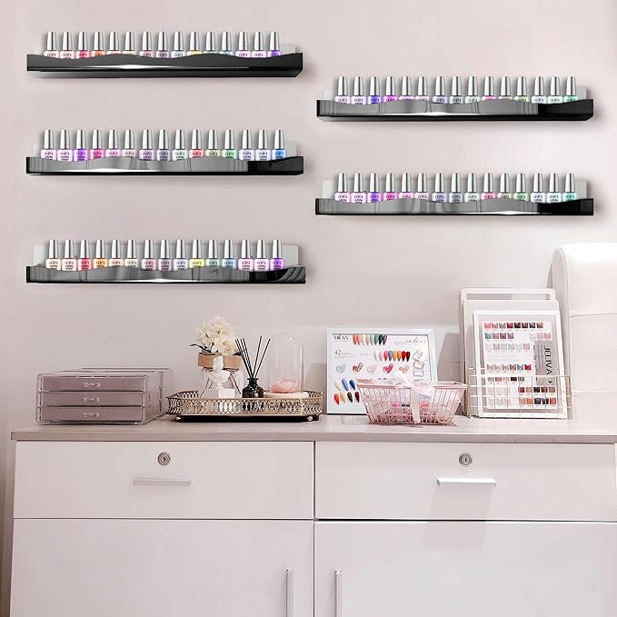 Wall-Mounted Nail Polish Organizer Rack - 15-Inch Black Mirror Finish Nail Polish Shelf, Makeup & Beauty Essentials Storage - Multi-Purpose Display Holder for Small Space, Vanity Bathroom, 6 Pack