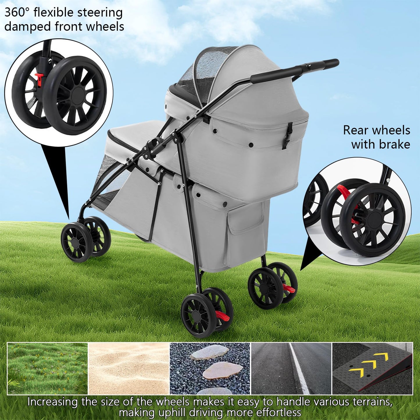 Double Pet Stroller for Medium Small Dogs and Cats with 2 Carriage, Durable Universal Wheels with Brakes Lightweight One Hand Foldale Kittens Puppies Travel Strolling Cart (Gray)