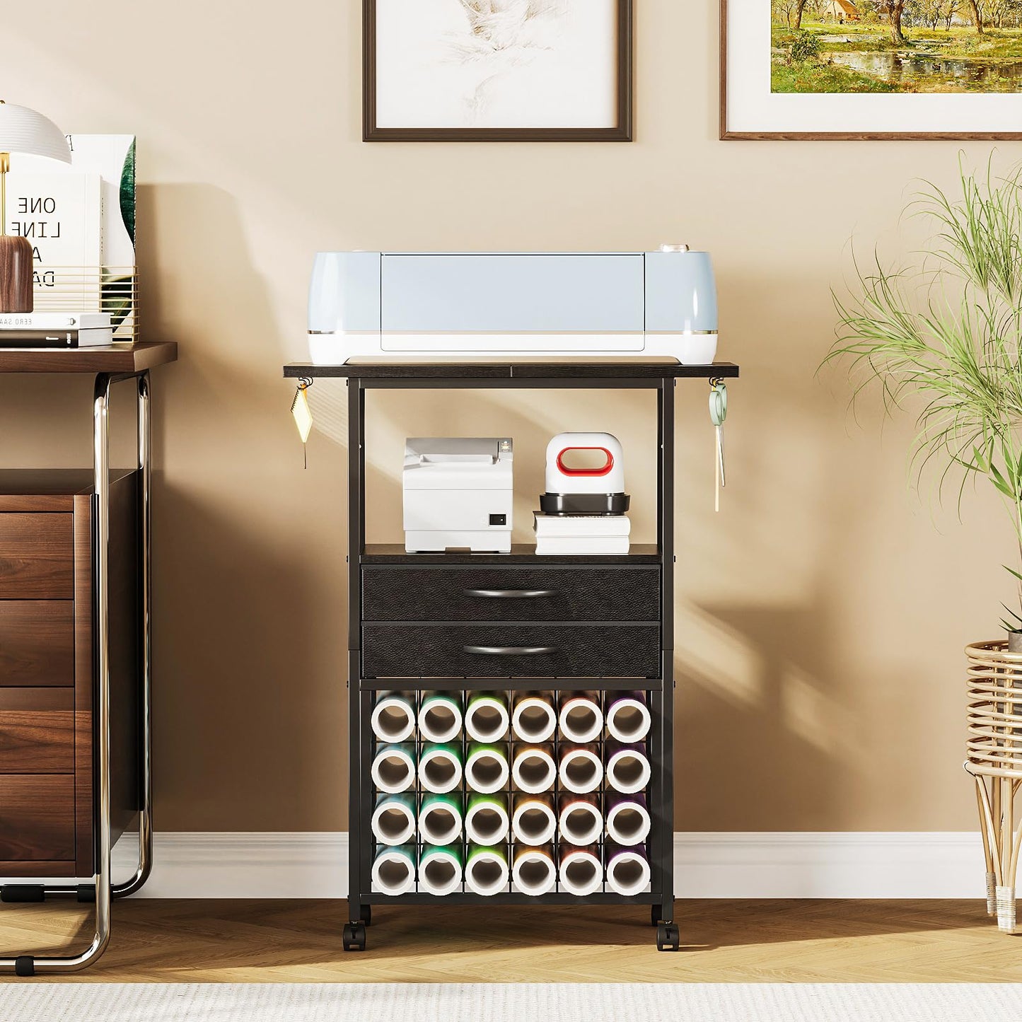 VENNQD Organizer and Storage Stand Compatible with Cricut Machines,Rolling Storage Cart/Shelf with 24 Vinyl Roll Holders，2 Fabric Drawer,Accessories Holder,Tool Hook for Craft Room Home (Black)