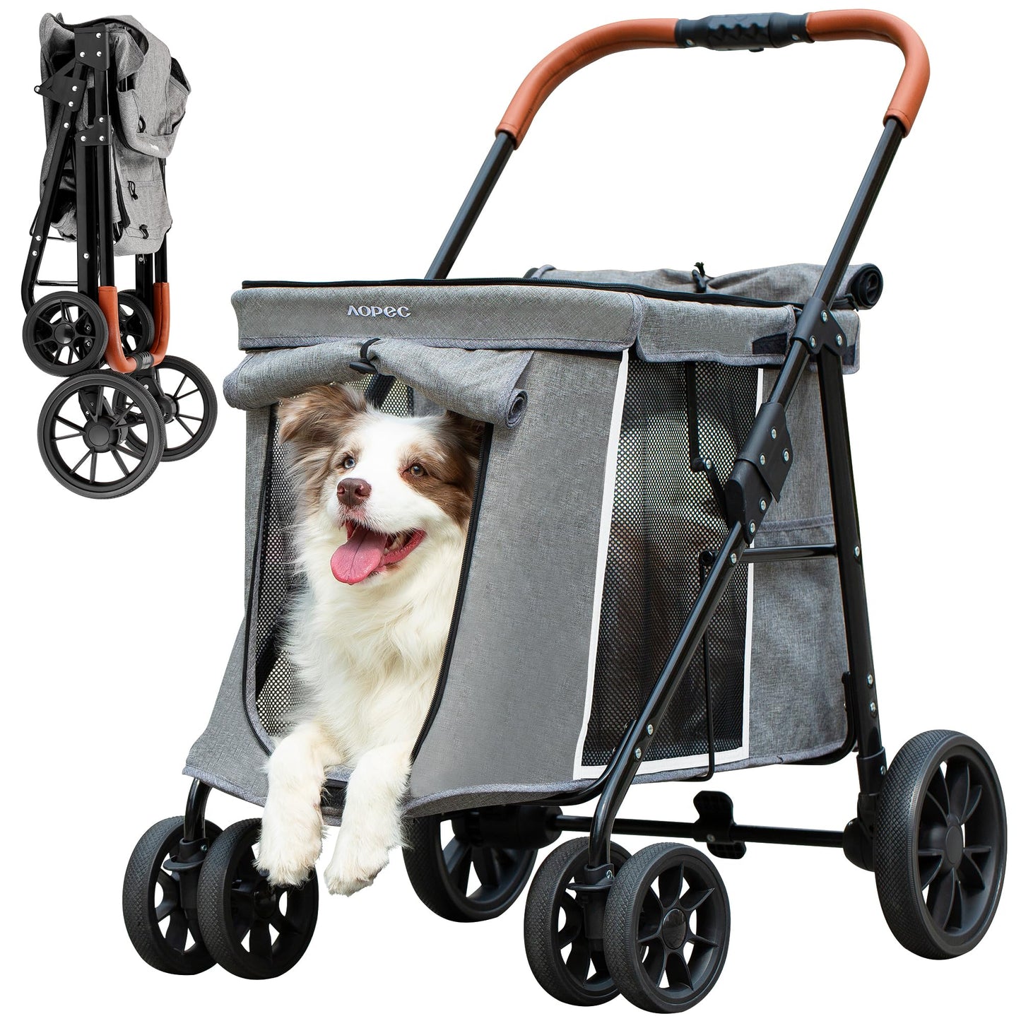 AOPEC Medium Dog Stroller, Dual Entry One-Touch Folding,Small and Medium Pet Stroller,360° Rotating Front Wheels,80 lbs Weight Capacity for Outdoor Travel and Elderly Dogs - Gray