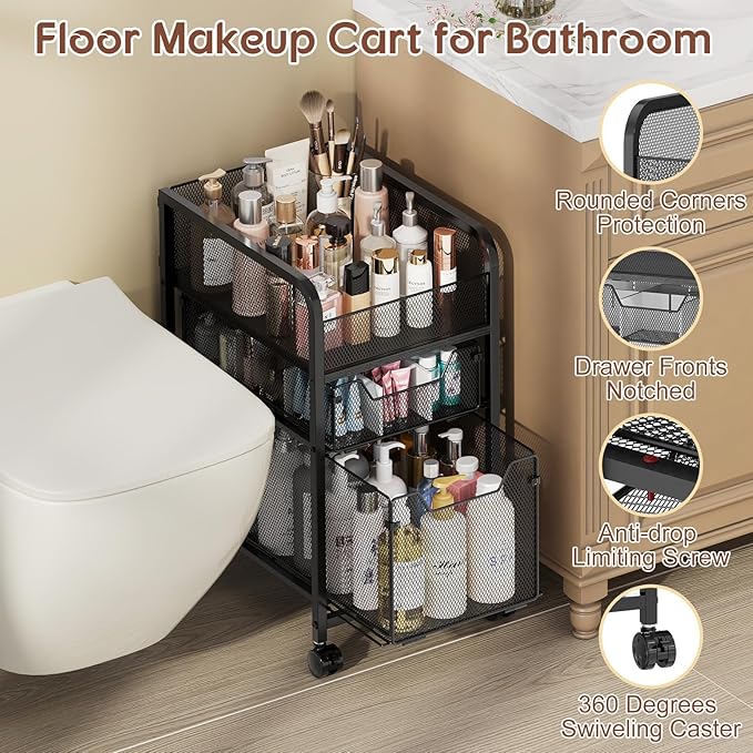 Hongtamoya Rolling Makeup Cart Organizer with 2 Drawers, Narrow Floor Skincare Organizers, Vanity Organizer Cosmetics Display Cases Holder for Skin Care Nail Polish Perfume Makeup Brush, Black