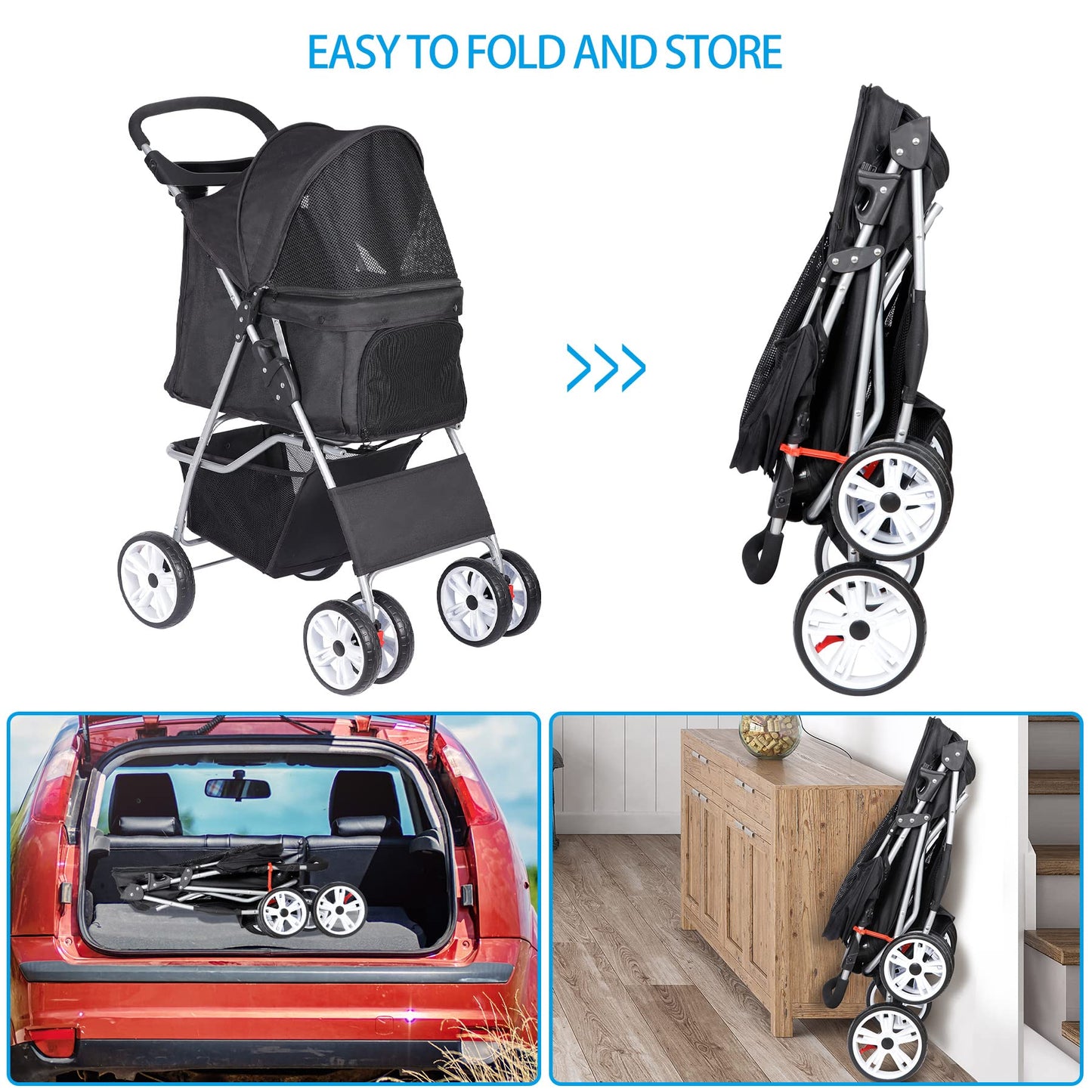 BBBuy 4 Wheels Foldable Pet Dog Cat Jogger Stroller Travel Carrier Strolling Cart w/Waterproof Cover Storage Basket Cup Holder & Removable Liner for Medium Small Cat Dog, Black
