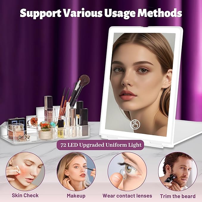 Travel Makeup Mirror with Lights, Rechargeable Portable Folding Compact Mirror, Lighted Makeup Mirror with 72 LEDs 3 Color Light Modes, Dimmable Touch Screen LED Vanity Mirror with Lights-02