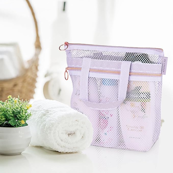 DV Lifestyle Mesh Shower Bag 10.2x9.9'' Quick-Dry Caddy with Zipper & 2 Pockets. Portable Toiletry Tote for Bathroom, Gym, Travel, Camp, Beach, for Sunscreen, Dorm & College Essentials (Light Gray)