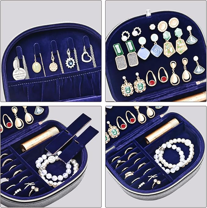 ProCase Travel Size Jewelry Box, Medium Portable Seashell-Shaped Jewelry Case, 2 Layer Mini Jewelry Organizer in PU Leather for Women -Glossy Black