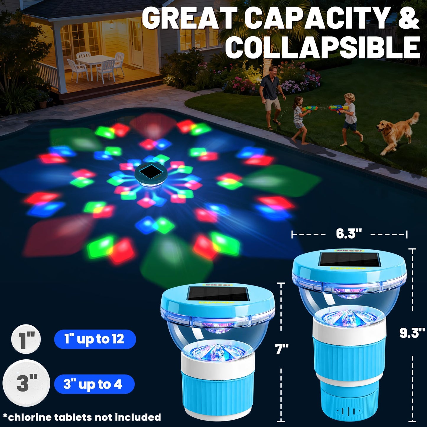 PRAXXIS Solar Chlorine Floater with Rotating Disco Light, Pool Chlorine Floater Adjustable Flow, Floating Chlorine Dispenser for Pool, Collapsible Chlorine Floater, Chlorine Floater for Hot Tub (Blue)