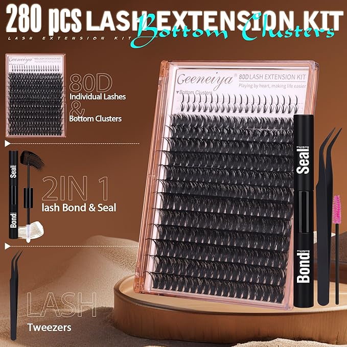 Geeneiya Cluster Eyelash Extensions Kit Bottom Lash Clusters 10-20mm DIY Lash Extension Kit Wispy Volume Individual Eyelashes with Waterproof Lash Bond and Seal Applicator for Beginners