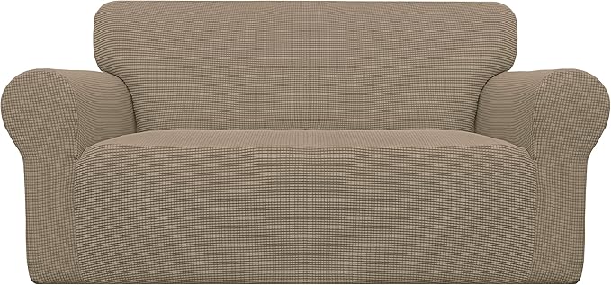 Easy-Going Stretch Loveseat Slipcover 1-Piece Sofa Cover Furniture Protector Couch Soft with Elastic Bottom for Kids Polyester Spandex Jacquard Fabric Small Checks (Loveseat, Natural)