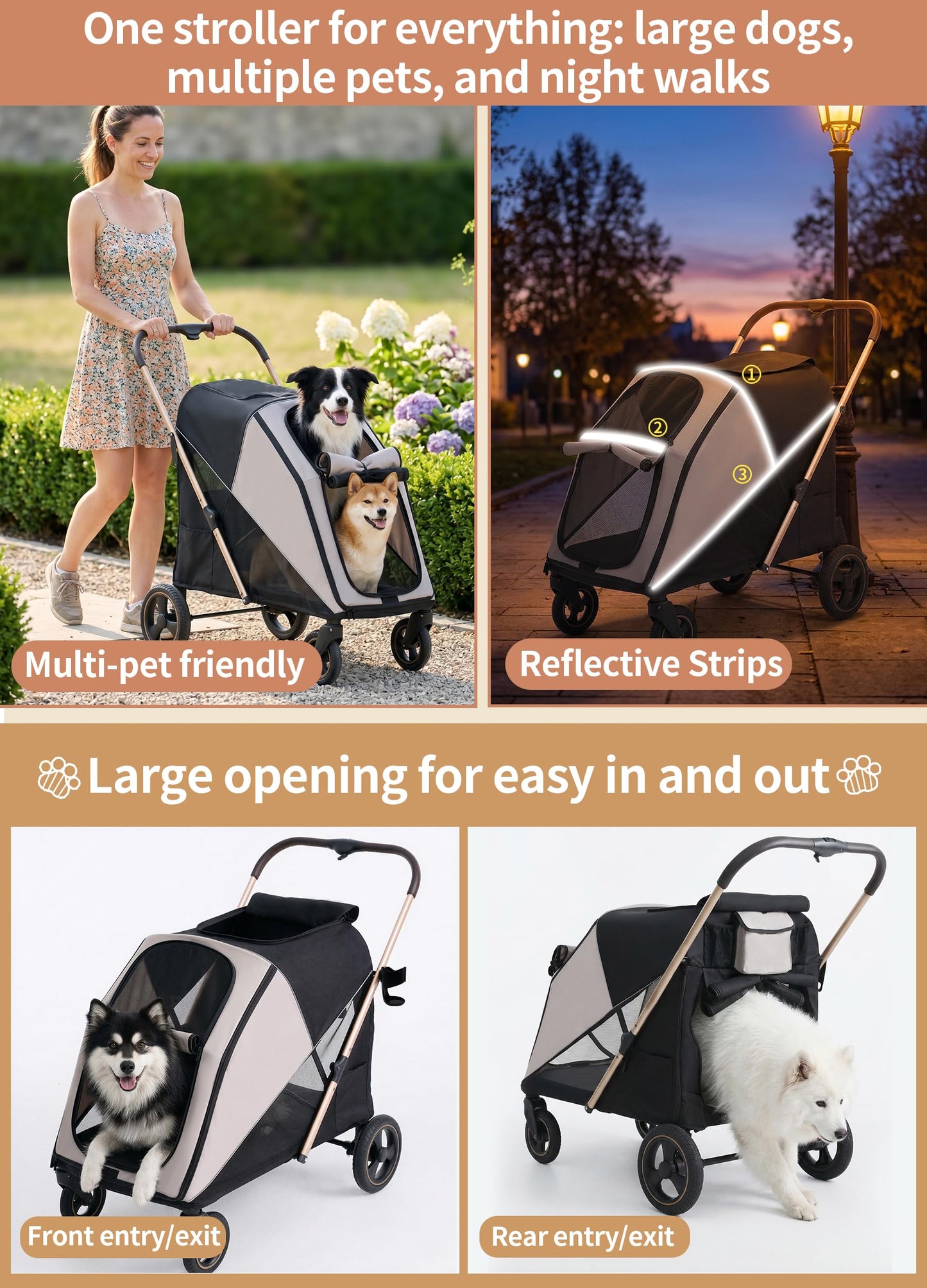 Dog Stroller for Large & Medium Dogs, One-Click Folding 4 Wheel Pet Stroller for Large Dogs up to 80lbs, Easy Fold Dual Entry with One-Foot Brake, Reflective Tape Design with Breathable mesh
