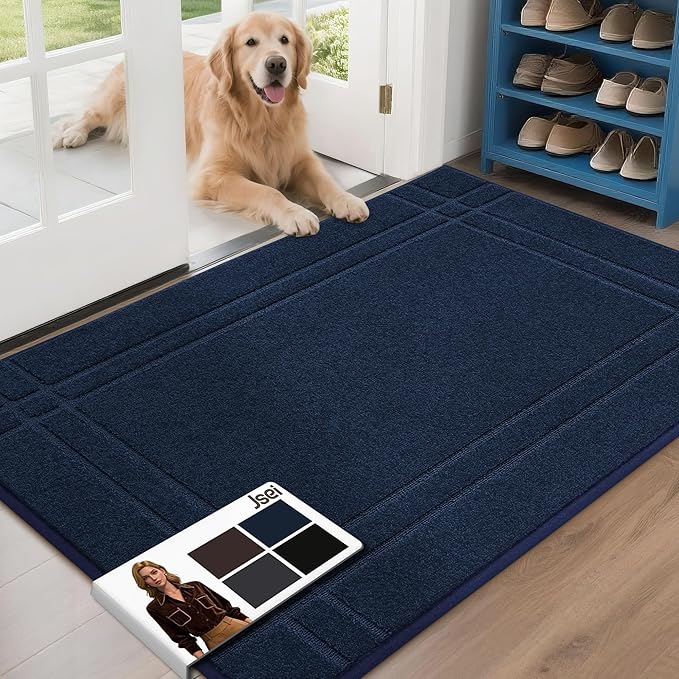 JSEI Entryway Rugs Doormat 32"x48", Non-Slip Dirt Trapper Door Mats Indoor, Washable Absorbent and Stain Resist Welcome Floor Mat for Front Door, Dog Door Mat, Dirty Wet Shoes & Paws, Navy Blue