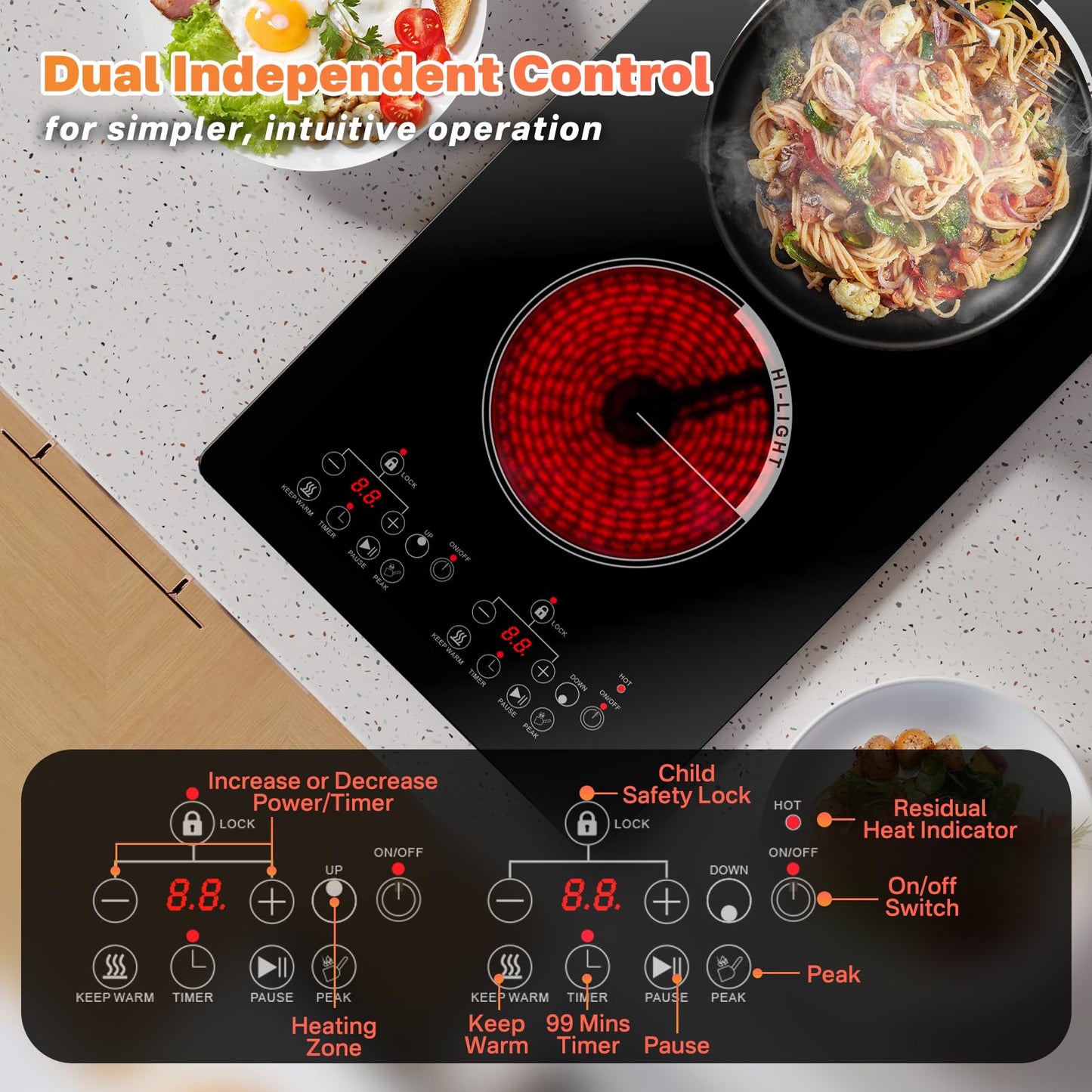 Gveyajo 2 Burner Electric Cooktop with Touch Control, 12 Inch Portable Plug in Stove Top, Ceramic Glass Double Burner, 9 Power Levels, Timer, Child Lock, 2000W