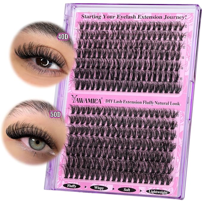 Yawamica Lash Clusters 40D+50D Fluffier Volume Individual Lashes Natural Lash Extension 10-16mm Wispy D Curly Eyelash Clusters 280pcs for DIY Lash at Home (Black)