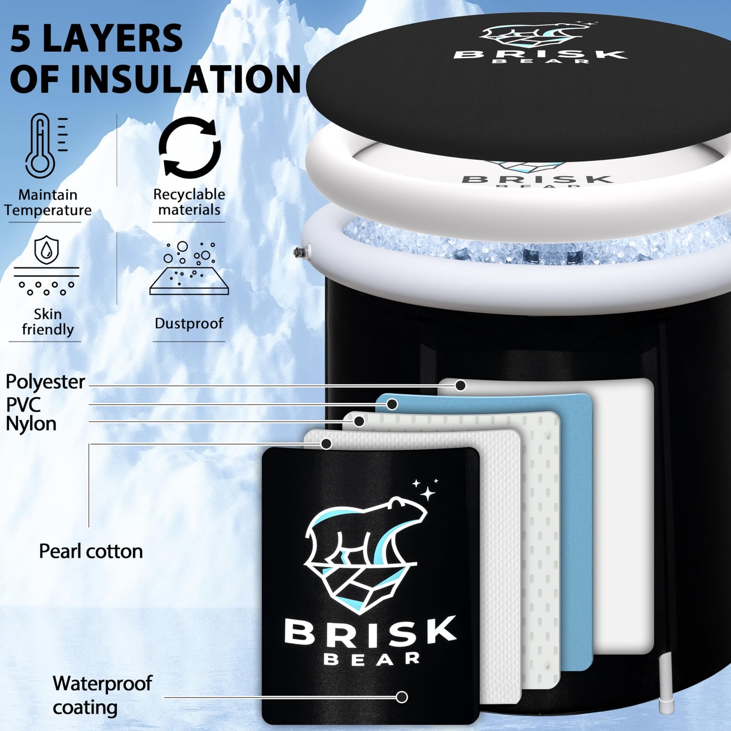 Ice Bath Tub for Athletes with Cover by Brisk Bear - Extra Large Cold Plunge Tub for Recovery - Inflatable Ice Bath Plunge Pool with Digital Timer - Cold Plunge to Soothe Muscles - Black Ice Tub