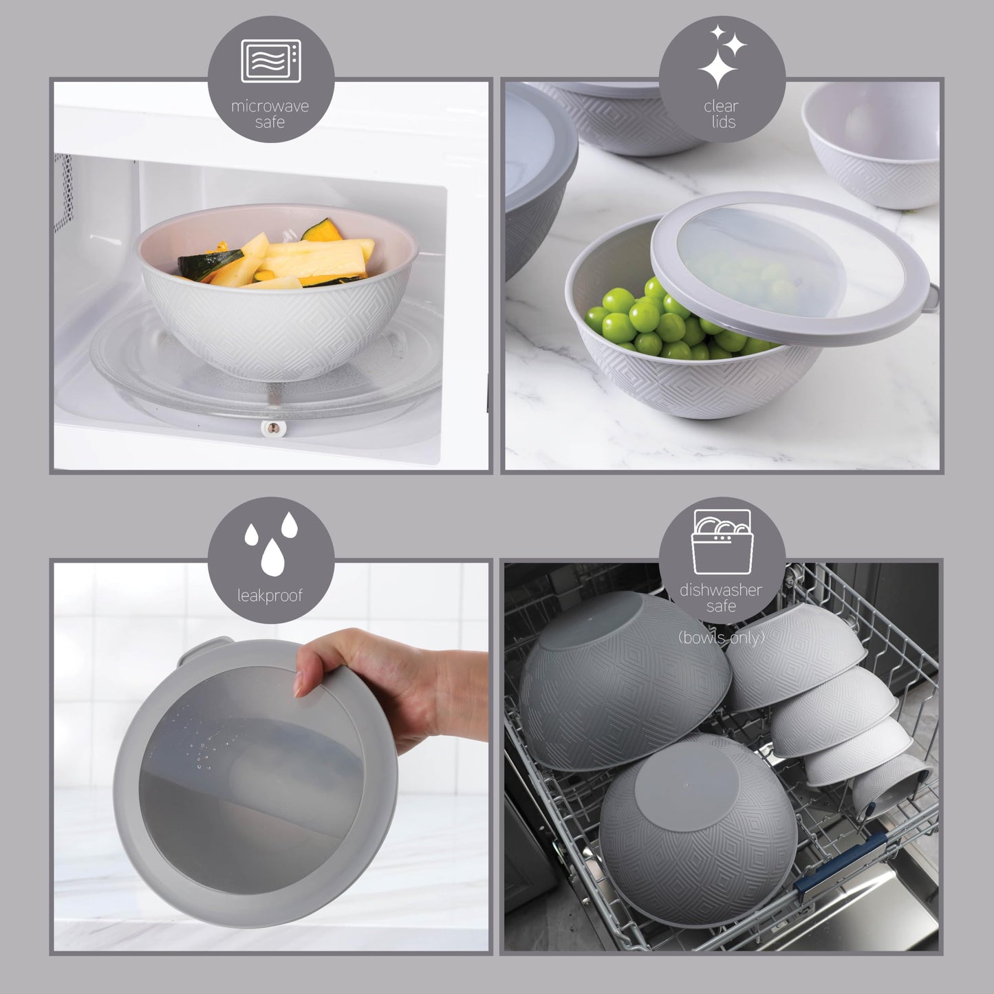 COOK WITH COLOR Mixing Bowls with Lids - 12 Piece Plastic Nesting Bowls Set includes 6 Prep Bowls and 6 Lids, Rhombus Design - Microwave Safe (Grey)