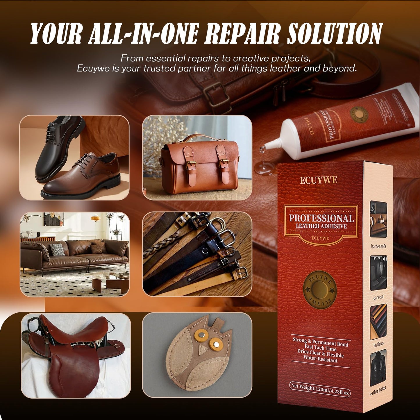Professional Leather Glue Adhesive -2 * 4.23 oz Industrial Strength, Clear & Flexible Bond for Shoes, Bags, Purses, Furniture, Car Seats, Jackets (Repair Vinyl, Suede, Upholstery, Rubber)