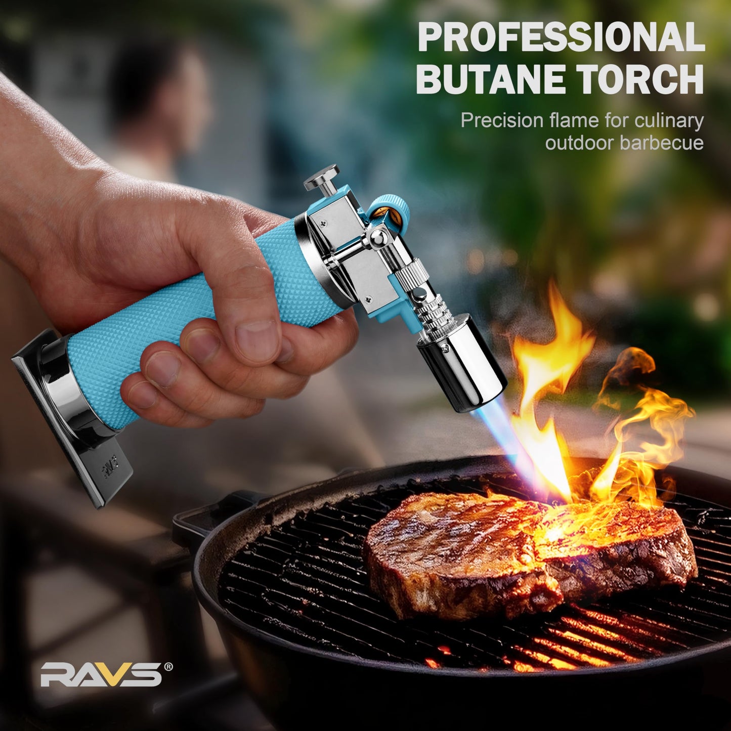 RAVS Butane Torch Lighter, Refillable Kitchen Torch with Safety Lock and Adjustable Flame, Creme Brulee Torch for Baking, BBQ, Blue Blow Torch for Cooking, Mens Gifts, Butane Gas Not Included