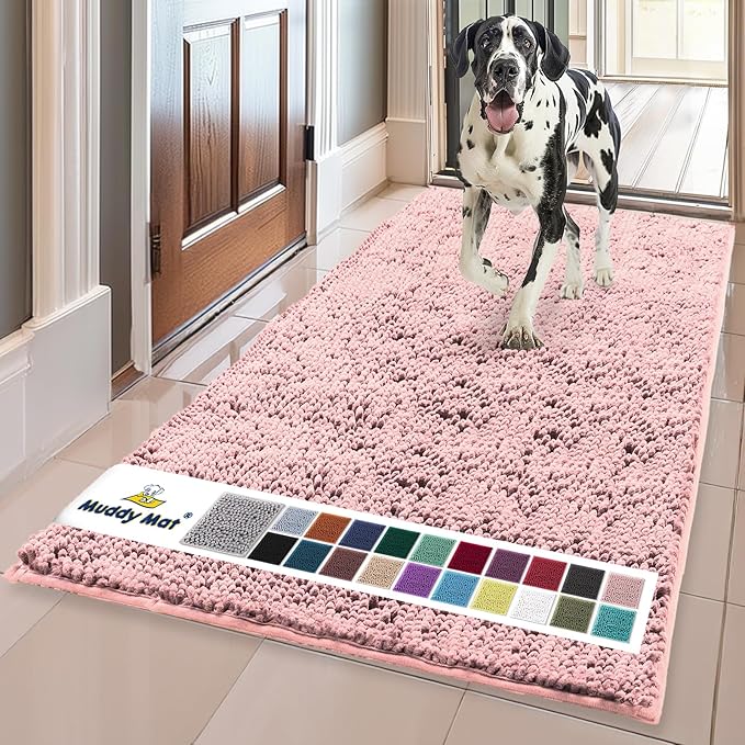 Muddy Mat® | Super Absorbent Door Mat Indoor, Microfiber Quick Dry Chenille Entryway Rug, Non-Slip Front Door Mat, Indoor Mats for Entryway, Machine Washable Pet Rug, Light Pink 24" x 72"
