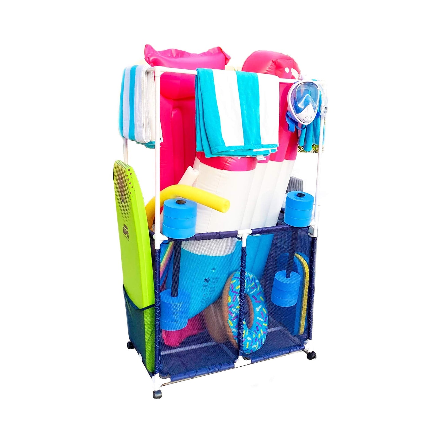 Essentially Yours Pool Equipment Holder with Towel Drying Bars, Mesh Rolling Pool Storage Organizer Bin, Extra Large with Towel Hanger, (34.5" W x 25" L x 62.6" H), Blue/White Style 418566
