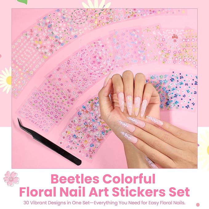 Beetles Nail Art Stickers 30 Sheets 3D Flower Nail Stickers Heart Nails Design Supplies DIY Decals for Decoration Nails Art for Women Girls