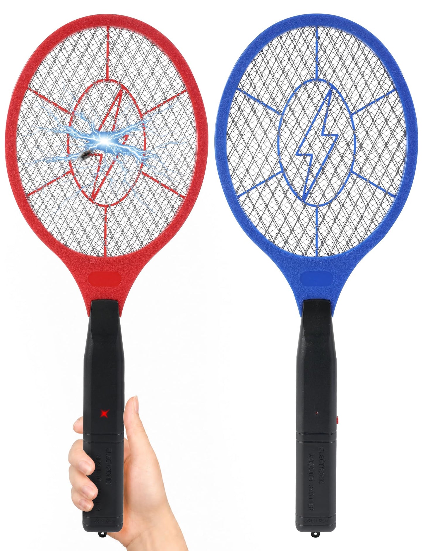 Electric Fly Swatter 2 Pack (Red & Blue), Battery Powered Bug Zapper Racket for Mosquitoes & Flies, Safe Protective Mesh, Indoor & Outdoor Use, Batteries Not Included