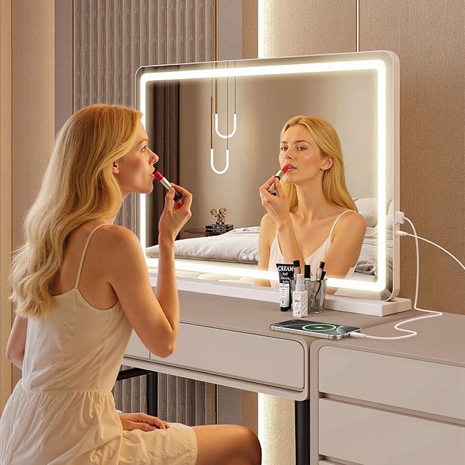 DUMOS 22"x32" LED Vanity Mirror with Lights, Dimmable 3 Color Modes Makeup Mirror with Memory Function, USB Charging, Aluminum Frame, Lighted Mirror for Desk or Bedroom