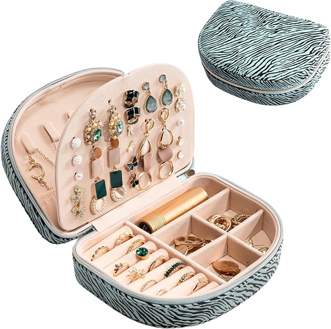 ProCase Travel Size Jewelry Box, Medium Portable Seashell-Shaped Jewelry Case, 2 Layer Jewelry Organizer in PU Leather for Women -Stripe