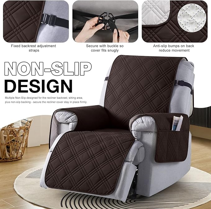 TAOCOCO 100% Waterproof Recliner Chair Cover Stay in Place, Recliner Covers for Small Recliner Chair with Pocket, Reclining Chair Cover Furniture Protector for Kids, Pets(X-Small Chair, Coffee)