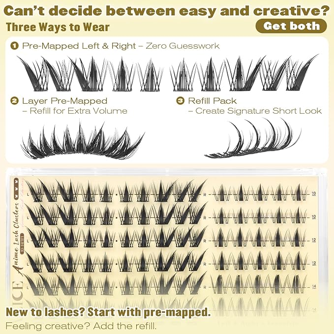ALICE Lash Clusters with Spikes Anime Eyelash Clusters Natural Manga Eyelash Extensions 10-14mm Lash Extensions Thin Band DIY Left & Right Individual Lashes Cat Eye