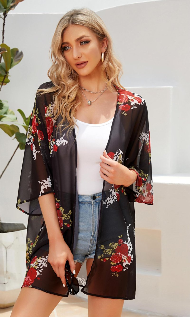 St Patricks Day Shirt Bathing Suit Cover Up Green Floral Kimono Cardigans Festival Tops (Black Green Clover, 3XL)