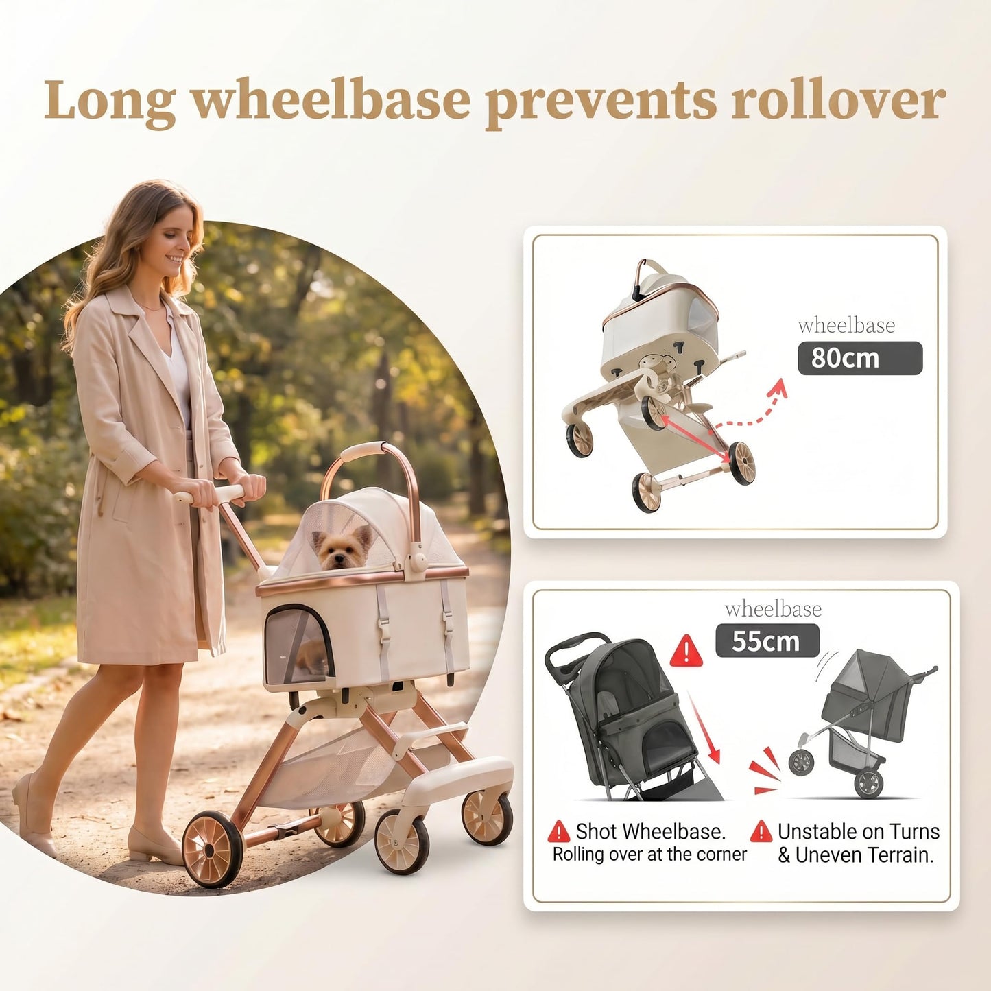 EPPMagice All-Terrain Pet Stroller for Small Medium Dogs & Cats, 20 lbs Capacity - Portable Carrier with One-Touch Brake, Lightweight Foldable Design & Shock Absorption Wheels,Beige