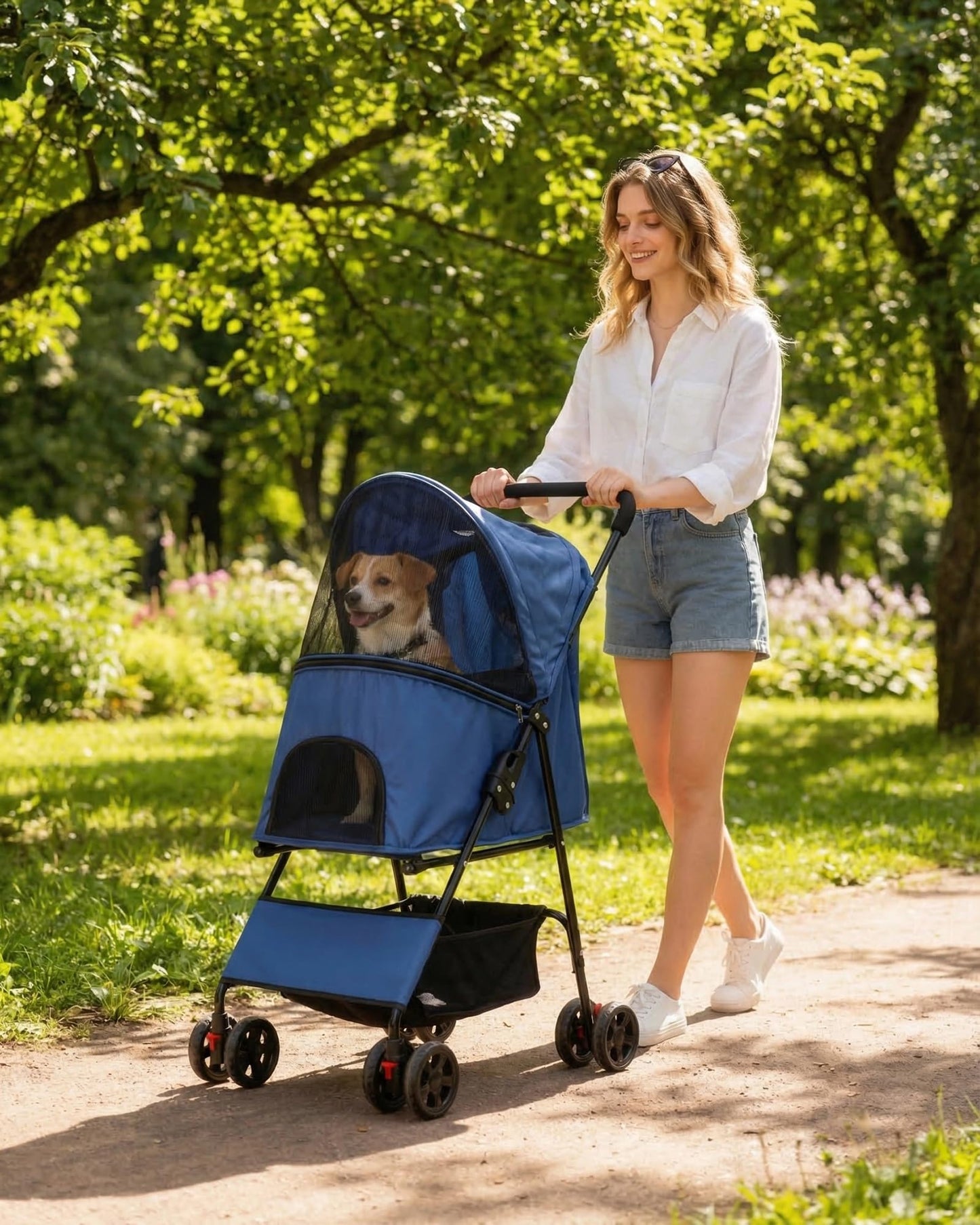 Pet Stroller for Small Medium Dogs Cats - Lightweight 10lbs Foldable Dog Stroller, Breathable Mesh & Safety Tether, 33lbs Capacity with Locking Wheels, Storage Basket for Outdoor Walks-Blue