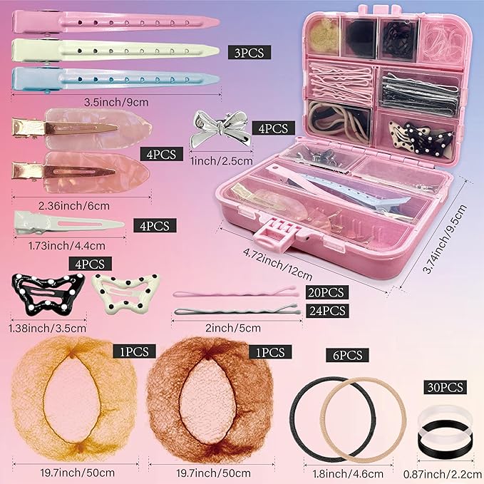 Hair Accessories Kit, Bobby Pins Hair Pins Hair Net Hair Clips and Hair Ties Hair Bands, Hair Kit for Dances Ballet Competition with Hair Accessories Organizer (PINK)
