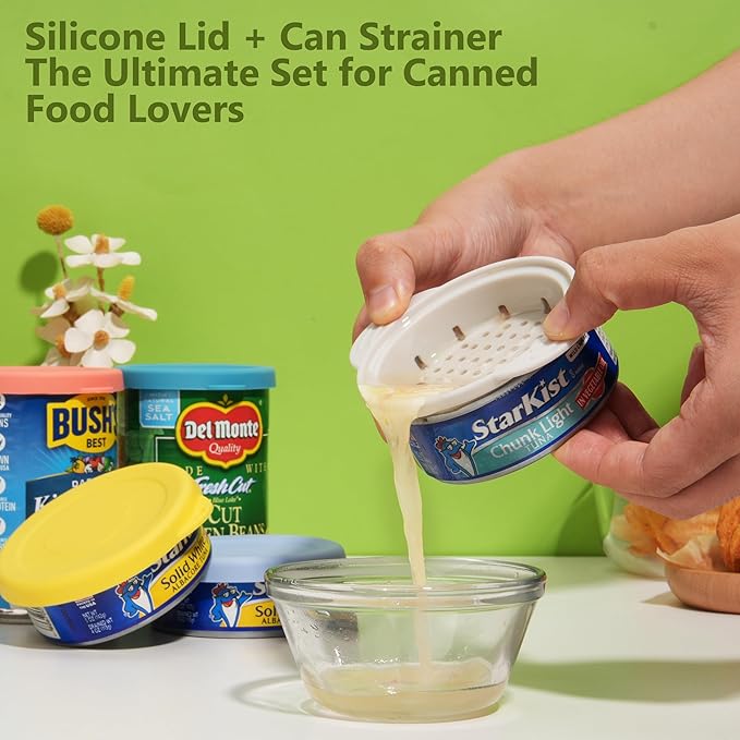 4 Packs Silicone Lids (3.0-inch & 3.5-inch) Bundle with 1 Pack Can Strainer | Can Strainer for Canned Food | Tuna Drainer | Reusable Can Lids | Dishwasher Safe | 5 PCs Canning Duo