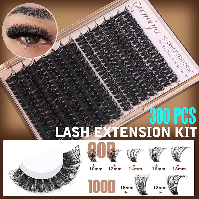 Geeneiya Volume Lash Clusters Kit DIY Lash Extension Kit D Curl Eyelash Extensions with Waterproof Lash Bond and Seal Waterproof Tweezers,10-16MM Cluster Lashes 300Pcs