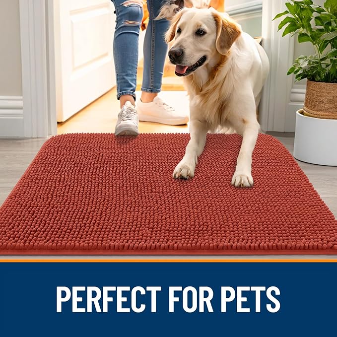 OLANLY Dog Door Mat for Muddy Paws 36x24, Absorbs Moisture and Dirt, Absorbent Non-Slip Washable Doormat, Quick Dry Chenille Mud Mat for Dogs, Entry Indoor Entryway Carpet for Inside Floor, Maple Red