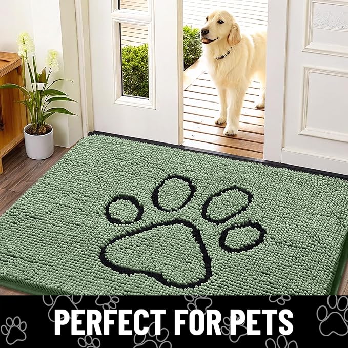 Smiry Dog Door Mat for Muddy Paws, Absorbent Dirt Trapper Non Slip Quick Dry Washable Chenille Mat for Mud Dogs, Entry Rug for Indoor and Outdoor (36x24 Inches, Olive Green and Black)