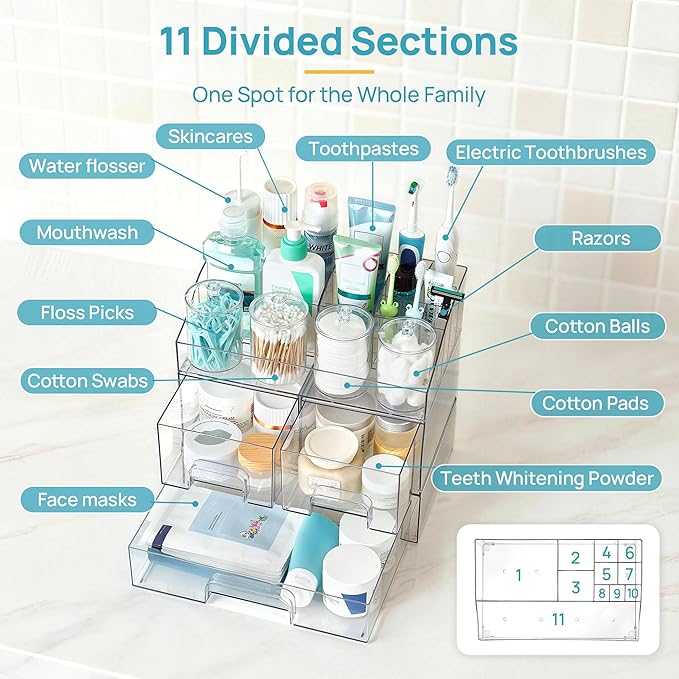 Vtopmart 8 PCS Bathroom Countertop Organizer, 1 Divided Tray with 4 Qtip Holder Jars and 3 Drawers, Restroom Clear Organizers for Toothbrush, Cotton Pads, Vanity Accessories Storage Set