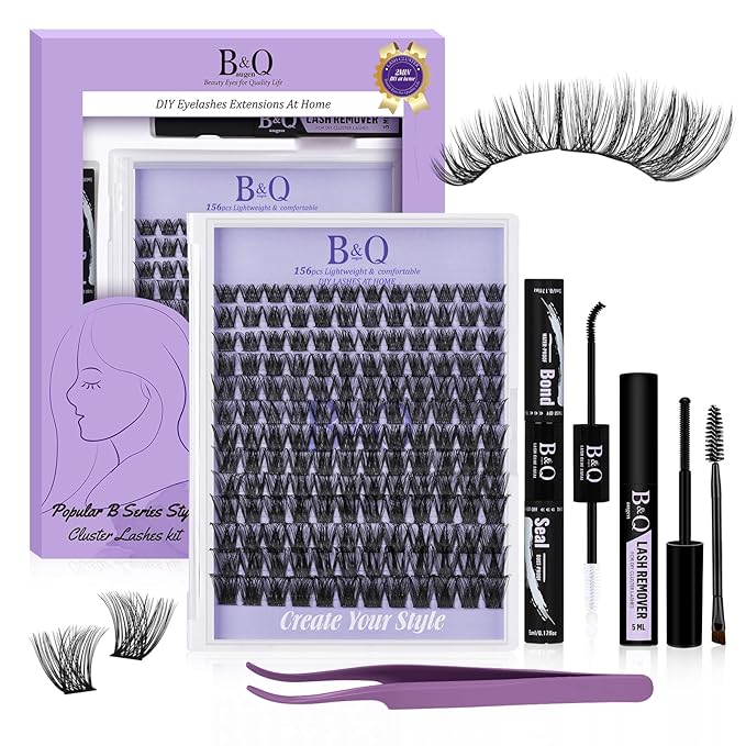 B&Qaugen Lash Extension Kit B05 Eyelash Extension Kit B&Q DIY Lash Extension Kit 156 PCS Lash Clusters 8-18mm Cluster Eyelash Extensions Kit with Lash Bond and Seal Lash Applicator Tool (Kit,B05)