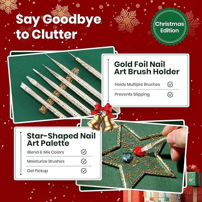 Beetles Christmas Nail Art Brushes 6pcs Ã¢ÂÂ Golden Gleam Nail Art Tools Liner Brushes for Nails Dotting Tool Gradient/French/Petal Manicure Design Pen with Star Palette Holder Nails Stickers Pouch Bag