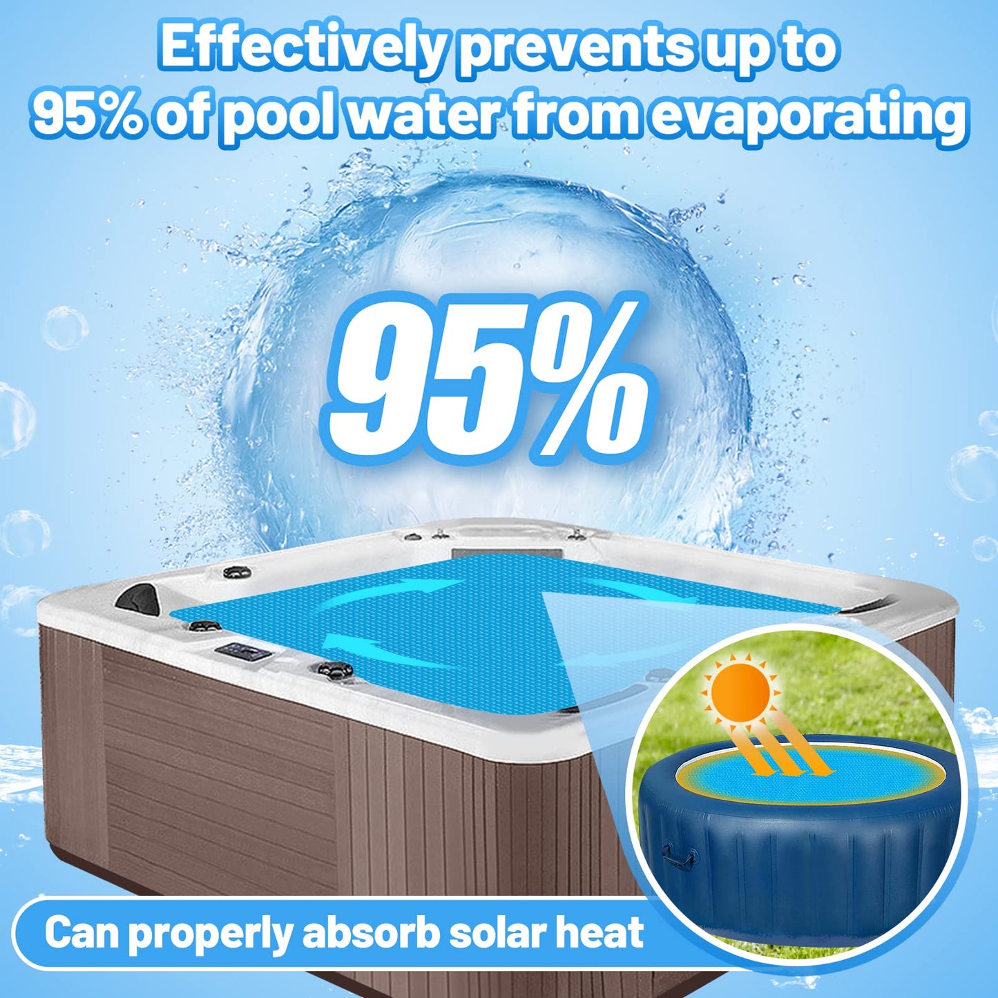 MADHOLLY Spa Hot Tub Cover for Heat Retention - 7×7FT Square 16-Mil Heavy-Duty Bubble Solar Blanket for Preventing Water Evaporation, Easy to Cut and Clean (210 × 210 CM)
