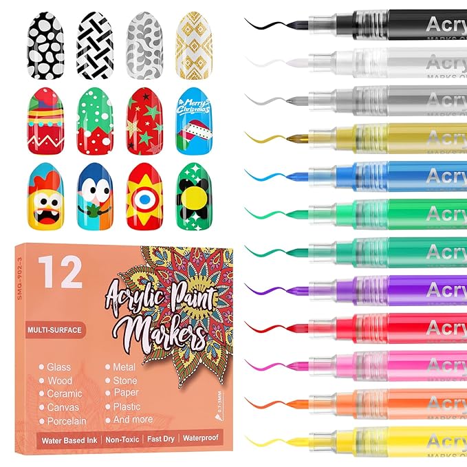 12 Color 3D Nail Art Pens Set, Kalolary 0.7MM Nail Polish Pens Nail Point Graffiti Dotting Pen Quick Drying Acrylic Paint Markers for Nail Art Design Home & Salon Nails DIY