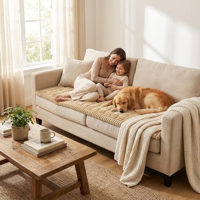 Smiry Couch Cover for Dogs Washable, Non Slip Fuzzy Pet Couch Covers for 3 Cushion Sofa Pet Friendly, Thick Soft Sofa Slipcovers Cushion Protector (Camel, 27.6" x 47")