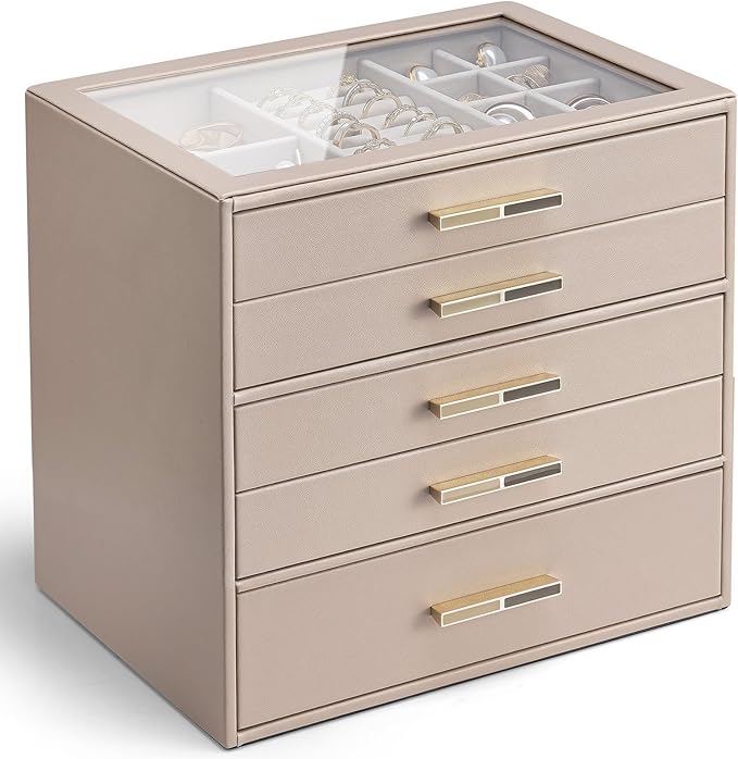 VLANDO 5 Layer Jewelry Box for Women, Glass Lid Jewelry Organizer with 5 Drawers for Necklaces Rings Earrings Bracelets - Toffee