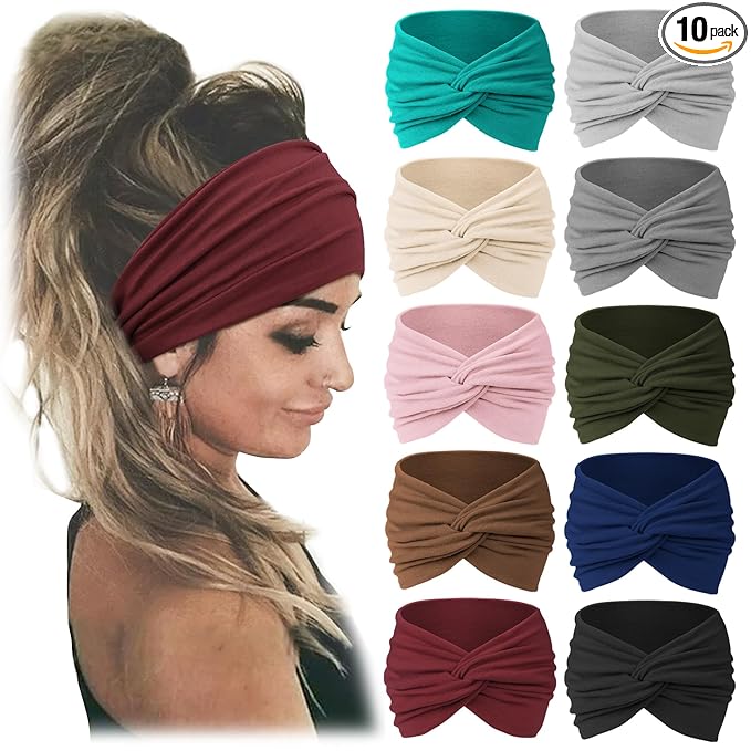 Jesries 10 PCS Women Headbands African Wide Hair Wrap Extra Turban Head Bands for Lady Large Sport Workout Stretch Non-slip Big Hair Bands