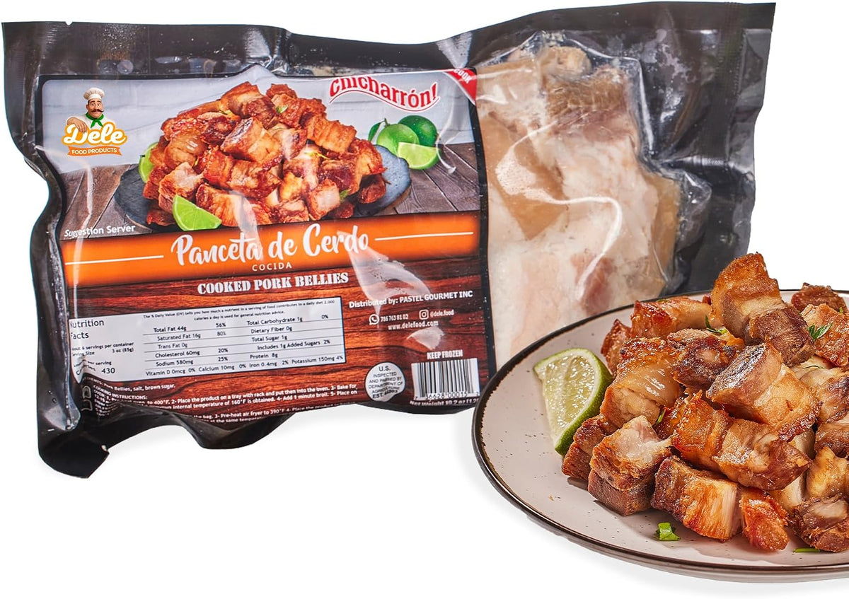 DELE FOOD Diced Pork Belly Chicharron, 1.2 lbs – Pre-Cooked Panceta de Cerdo Cubes for Oven or Air Fryer – Gourmet Chicharrones with Pork Fat and Meat – Ready to Bake, Crisp, and Serve