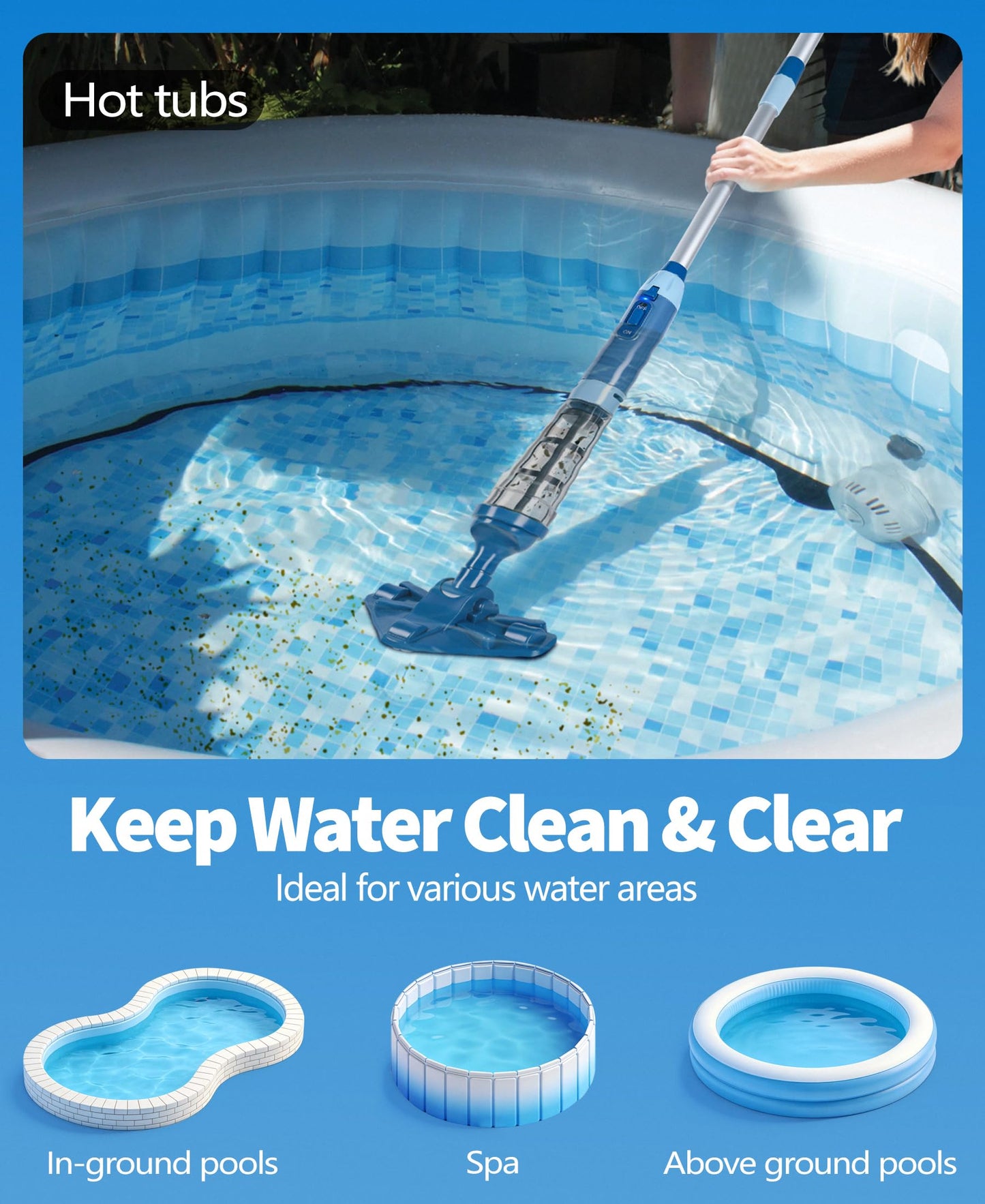 LanOcean 2026 Upgraded Powerful Hot Tub Vacuum Cordless, 15.8 Gals/Min Spa Vacuum for Hot Tub, Handheld Pool Vacuum Cleaner with Water Sensor, Small Pool Vacuum Rechargeable -90 Mins Running Time-Blue