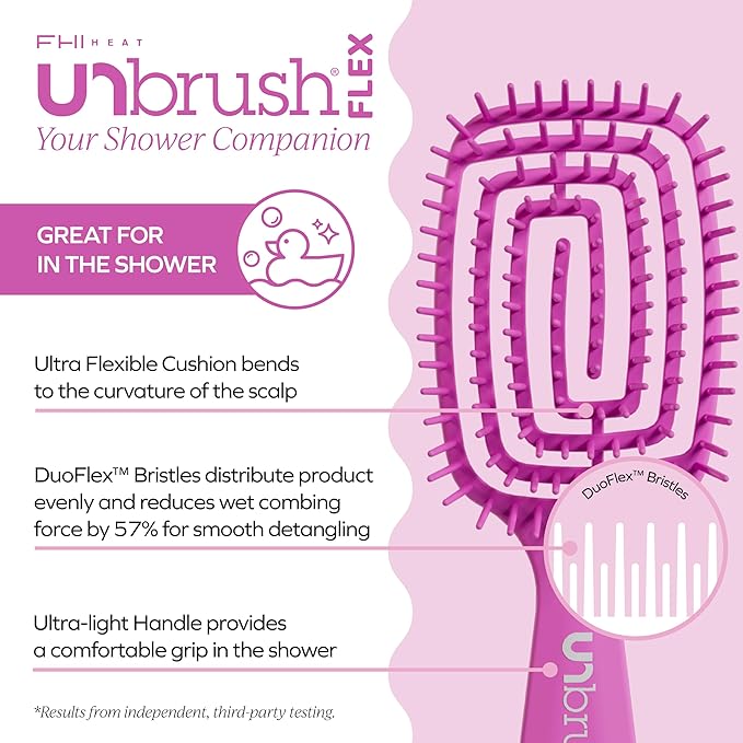 FHI Heat UNbrush Flex Detangling Brush — Ultra-Flexible, Pain-Free Hair Brush Detangler with DuoFlex Anti-Static Bristles for Removing Tangles, Massaging Scalp & Faster Styling - Pink
